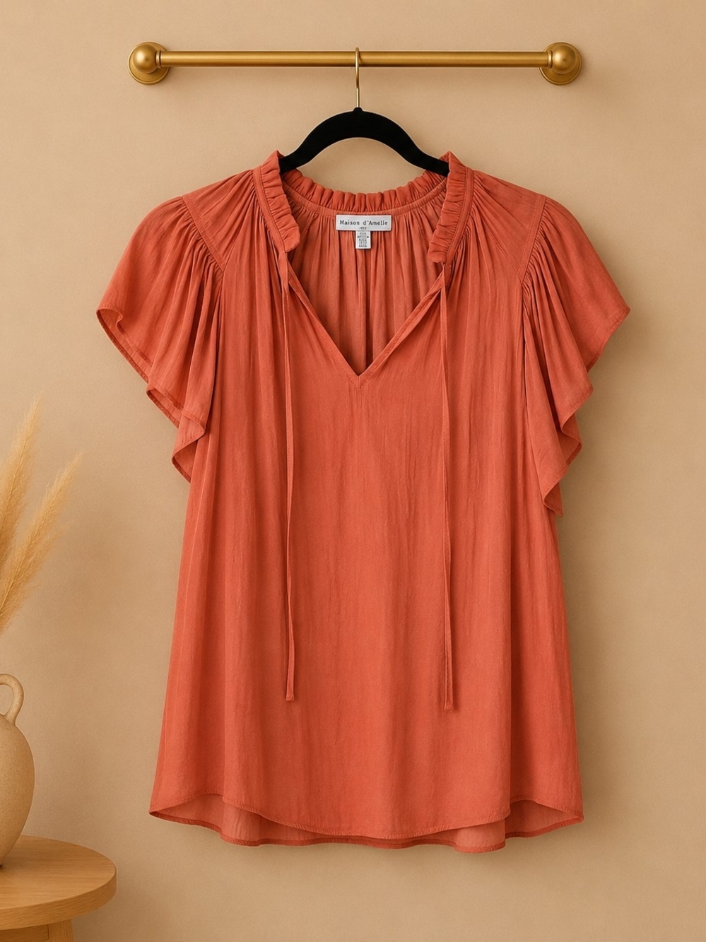 Maison Jules Terra Cotta V-Neck Ruffle Sleeve Blouse